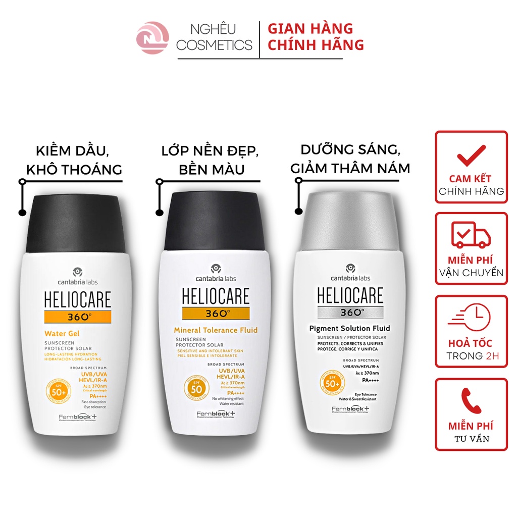 Kem Chống Nắng Heliocare Water Gel, Mineral, Pigment Chống Trôi Mỏng Nhẹ Khô Thoáng Chính Hãng