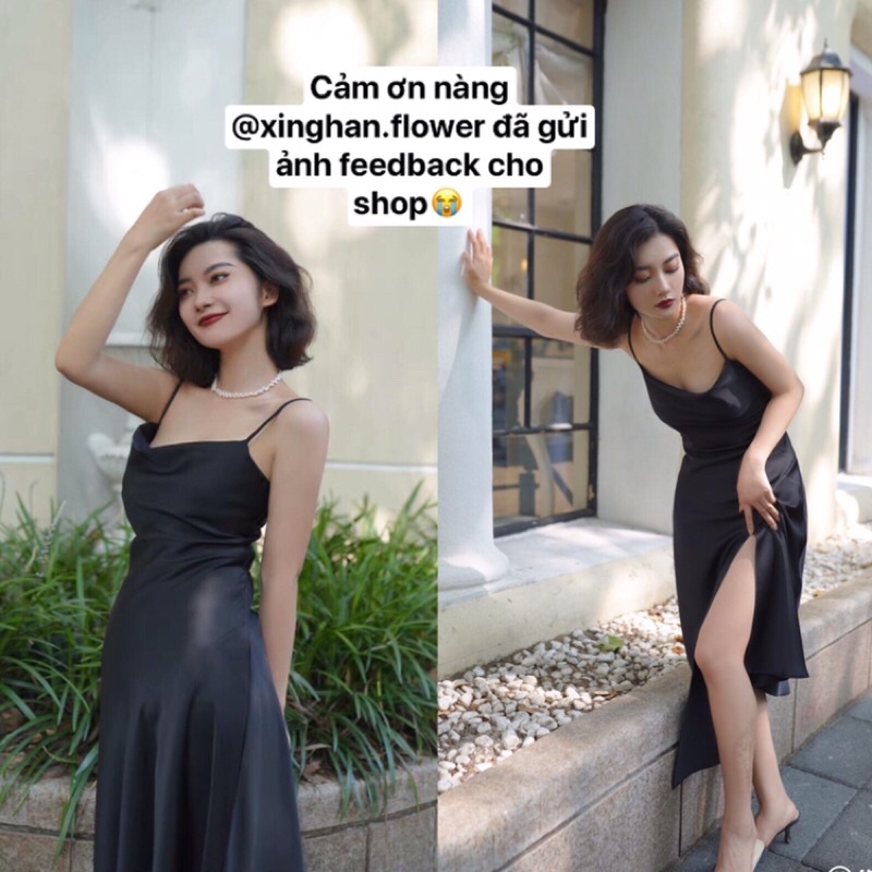 (SẴN+ẢNH THẬT+VIDEO) Đầm Hai Dây Lụa Nữ Dáng Dài Hai Màu Đen Trắng Thiết Kế Cổ Trễ Xẻ Tà Lệch Vạt Gợi Cảm FISHY | BigBuy360 - bigbuy360.vn