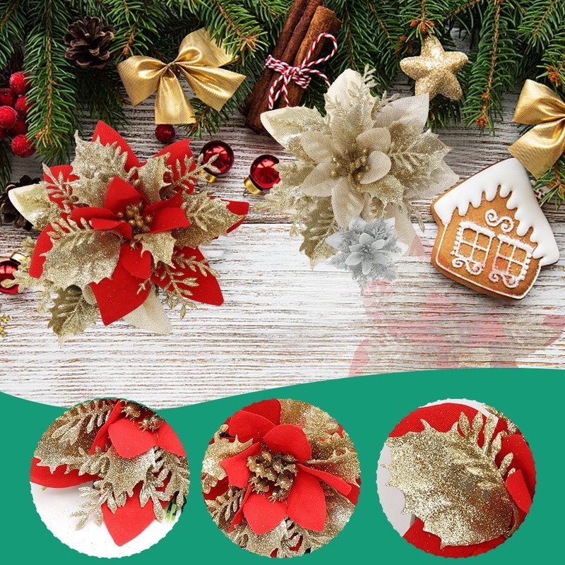 Túi 5 Bông Hoa Bột Vàng / Vải Nhựa Nhiều Lớp Trang Trí Cây Thông Giáng Sinh / Nhà Cửa DIY