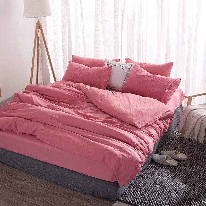 Trọn Bộ Chăn Ga Gối Đũi Cotton Thoáng Mát 1 Màu ( Nhiều màu chọn lựa) Màu HỒNG CÁNH SEN