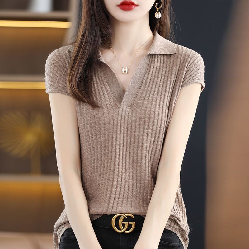 Áo Thun polo Dệt Kim Tay Ngắn Dáng Rộng Thời Trang Mùa Hè Cho Nữ