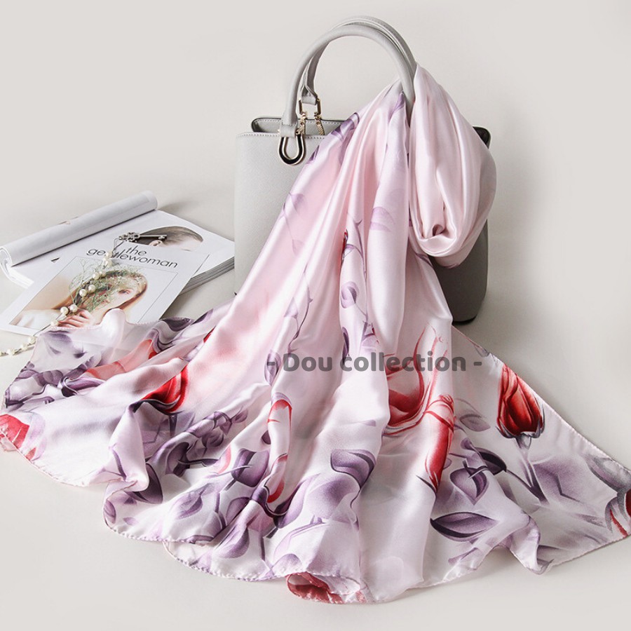 [Nowship2h] Khăn Choàng Quàng Cổ Lụa Cao Cấp Hoa Sen Sang Trọng - Chất Liệu Silk - Size:90x190cm - Mã KS004