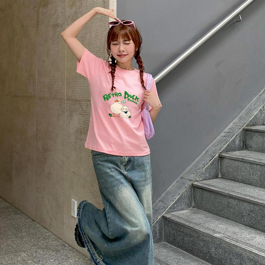 Áo baby tee y2k Alandor form ôm body chất cotton 100% co dãn hai chiều kiểu tay ngắn cổ tròn mẫu duck