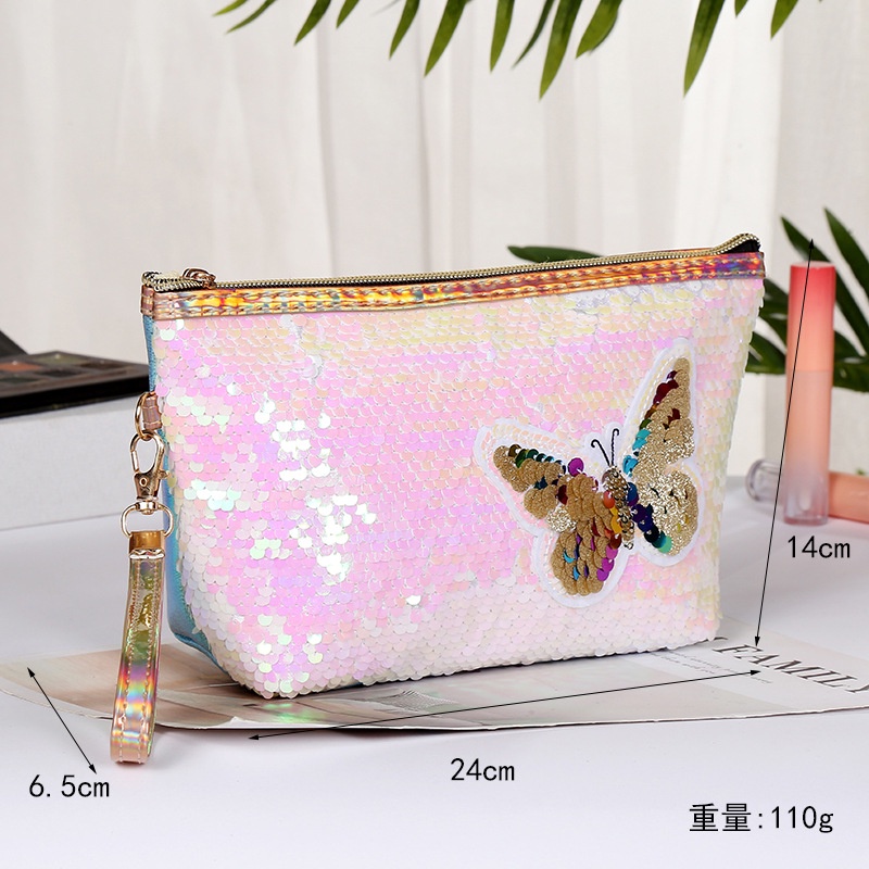 [Hàng mới về] Túi đựng mỹ phẩm bằng da pu họa tiết bươm bướm lấp lánh thời trang cho nữ
