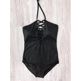 Bikini Liền mảnh đen đan ngực buộc cổ ( Ảnh chụp thật)