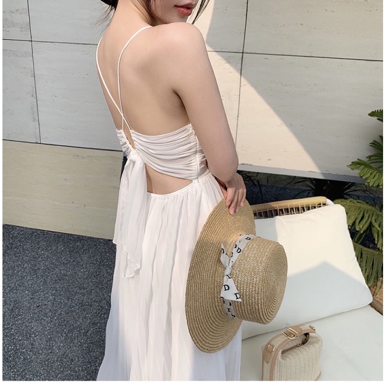 Yona’s Đầm đi biển hai dây xếp li trắng thắt dây eo tôn dáng  mã D17W