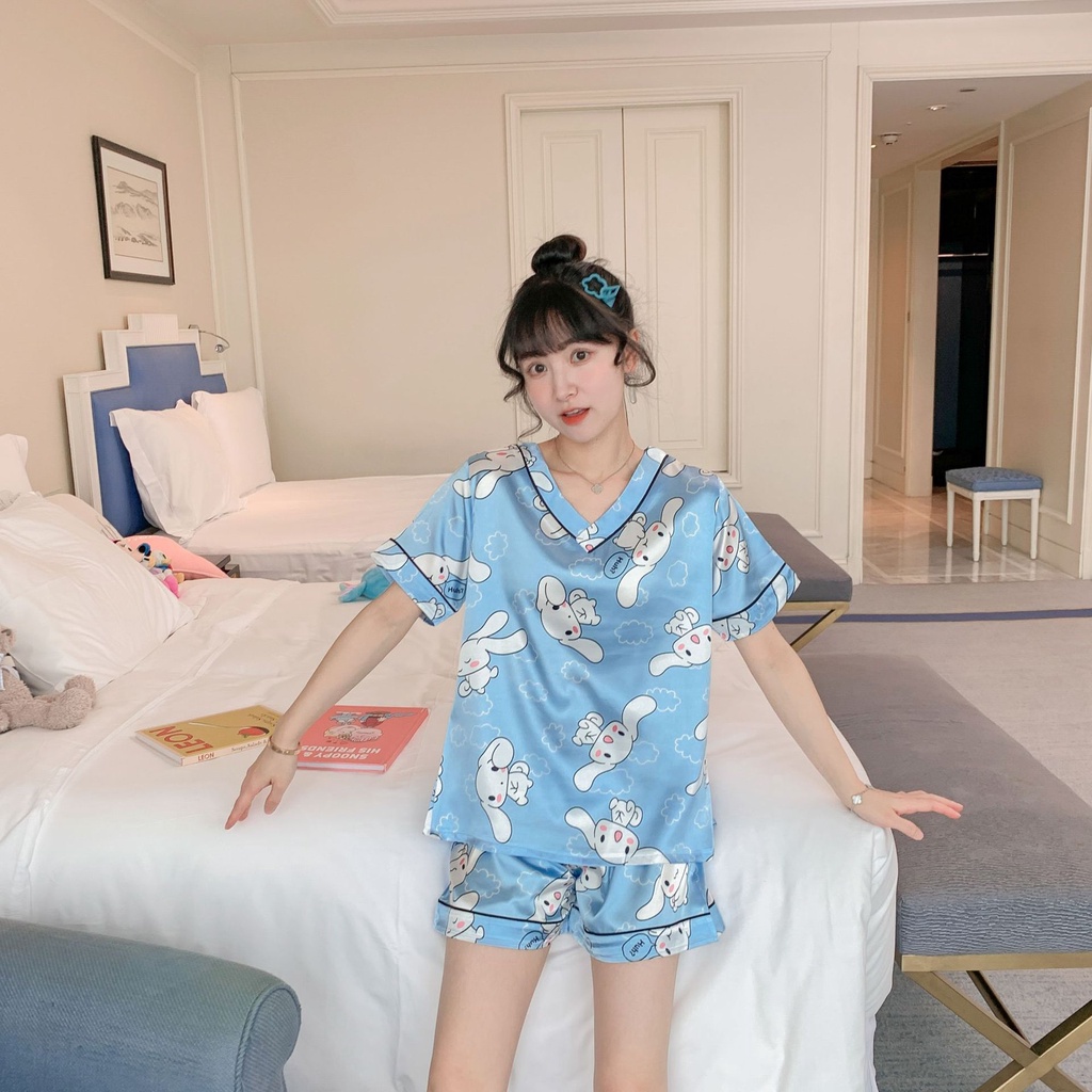 Đồ Bộ Nữ ❤️FREESHIP❤️ Bộ Đồ Ngủ Lụa pijama cộc tay mặc nhà cute hoạt hình họa tiết dễ thương BN23
