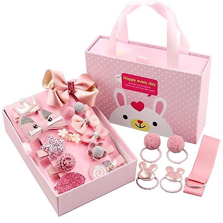 Hộp quà giỏ xách happysday 18 chi tiết siêu đáng yêu cho bé gái, nơ kẹp cột tóc đẹp cho bé
