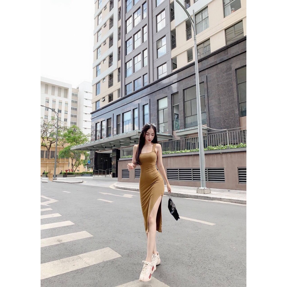 Đầm hai dây bản to xẻ tà, váy body tôn dáng chất thun co giãn thoải mái thích hợp mặc đi chơi, đi làm, đi tiệc