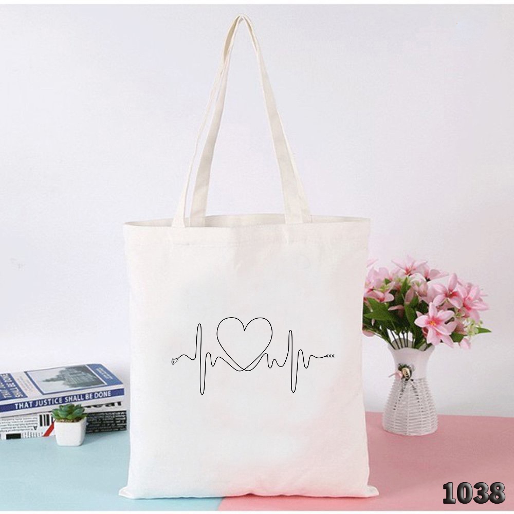 Túi Tote Canvas Trắng Túi Đeo Vai Nhịp Đập Trái Tim Dễ Thương 1038 Hàng May Công Ty Chuẩn Đẹp