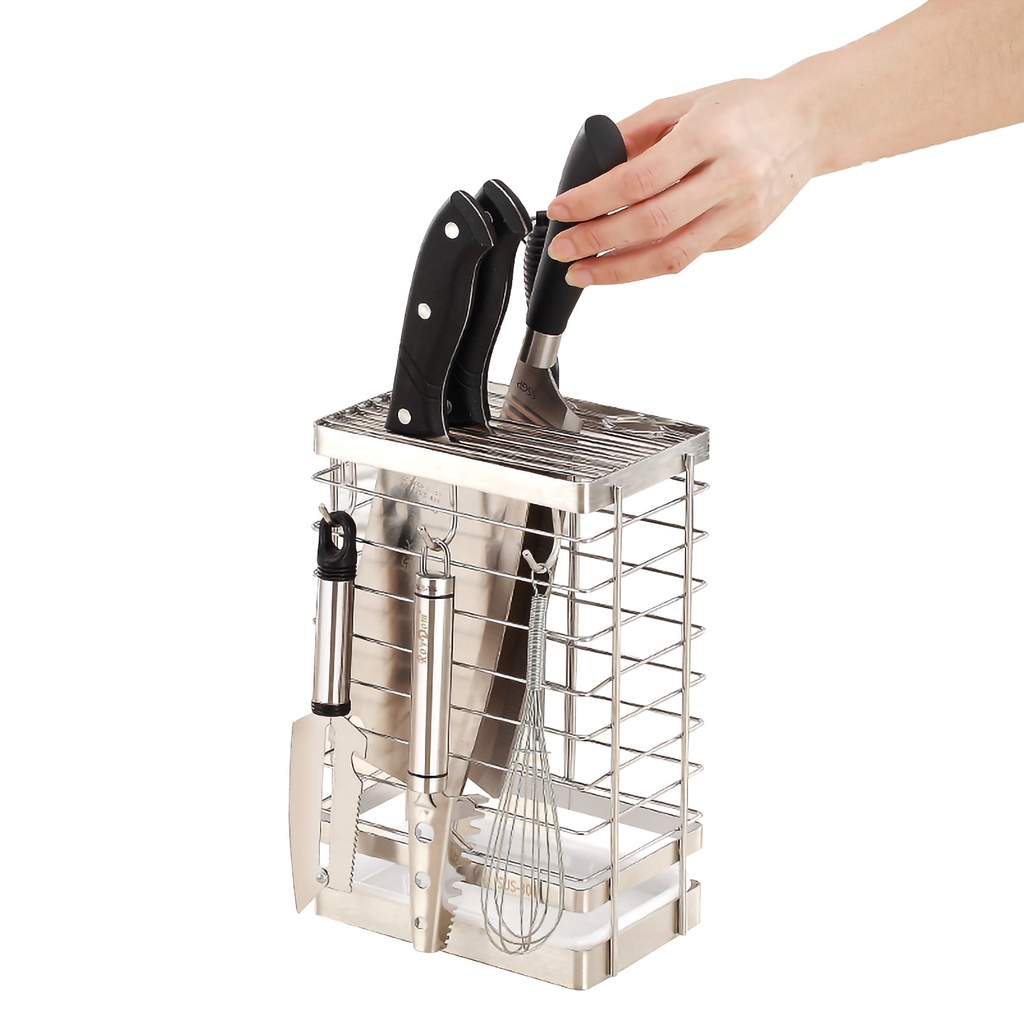 Kệ đựng dao kéo Inox 304 kèm 3 móc treo và khay hứng nước,chống rỉ