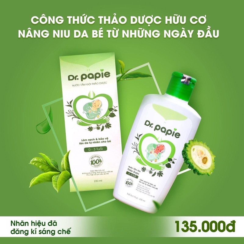 Nước Tắm Gội Thảo Dược Dr Papie Cho Bé 230ml - Giúp Ngăn Ngừa Và Giảm Các Vấn Đề Về Da