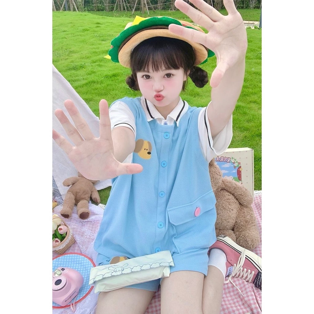 Set Áo Thun Tay Ngắn Giả Hai Lớp Phối Quần short Thời Trang Nhật Bản Dễ Thương Cho Nữ