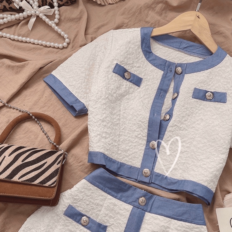 (Free Ship) SET XỐP VIỀN XANH NÚT ÁO CROPTOP + CHÂN VÁY CÓ LÓT h.h.p
