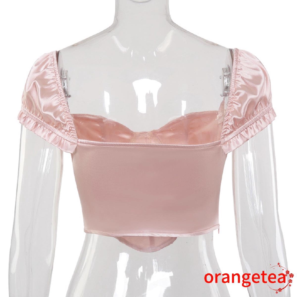 Áo thời trang cổ vuông tay phồng màu trơn trang trí 1 hàng cúc sành điệu gợi cảm