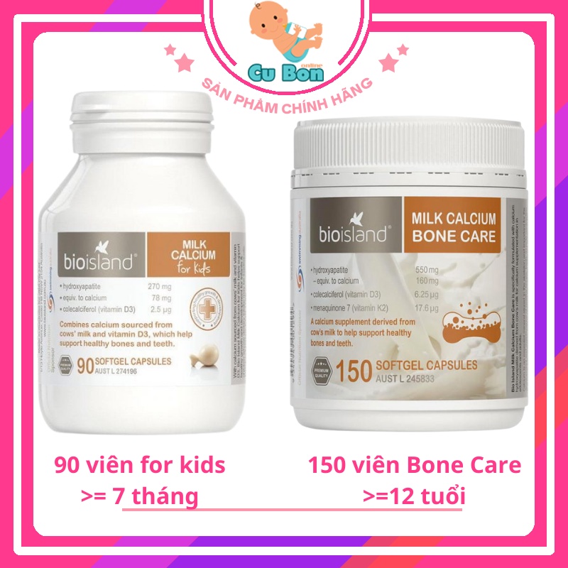 Canxi sữa cho bé Bio Island Milk Calcium 90/150 viên của úc hỗ trợ phát triển chiều cao tối ưu cho trẻ từ 7 tháng tuổi