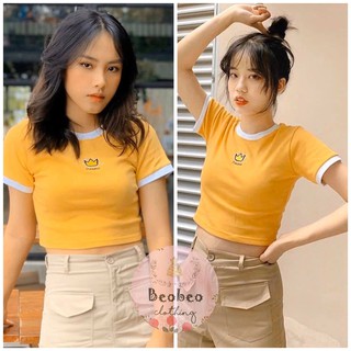 [Ảnh thật] Áo thun croptop vàng cổ viền trắng thêu chữ ulzzang