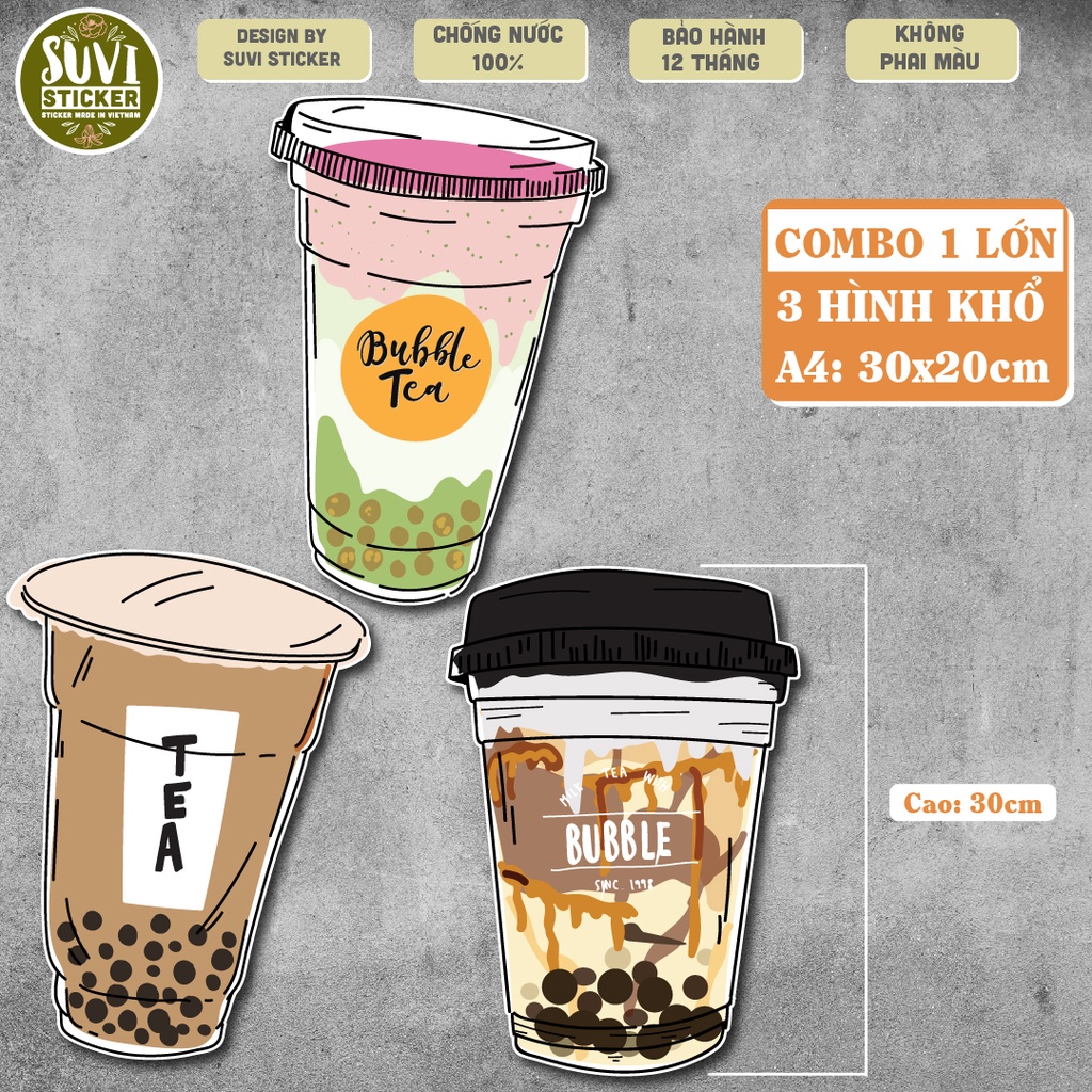 Combo Decal Trà Sữa khổ lớn trang trí tường, dán kính, trang trí quán cà phê khổ A4 chống nước. KL19