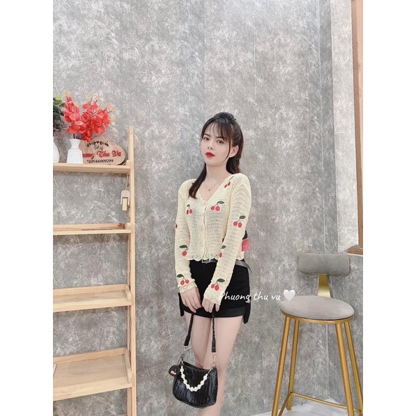 áo len cardigan dệt kim mỏng thêu cherry hot hit (73076#)