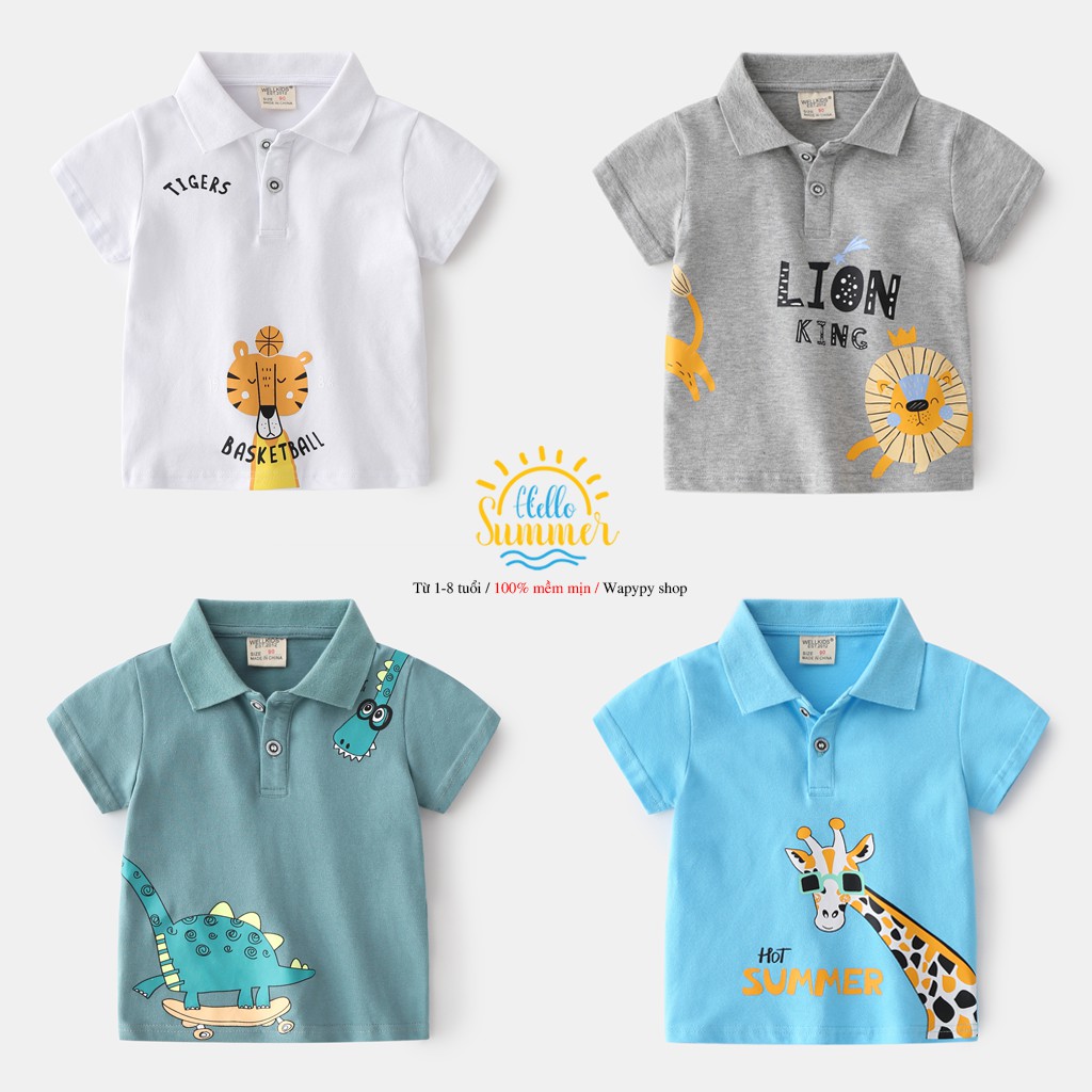 Áo Polo bé trai WELLKIDS áo có cổ cho bé họa tiết hình thú chất cotton hàng xuất Âu Mỹ