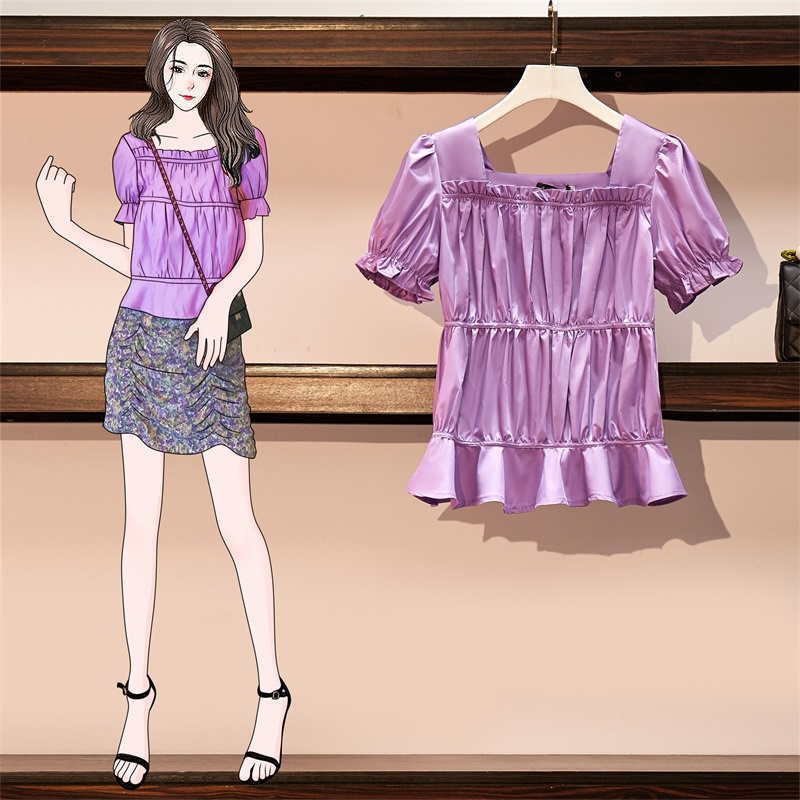 Áo sơ mi cổ vuông tay ngắn phồng màu tím phong cách Hàn Quốc thời trang cho nữ size L-4XL