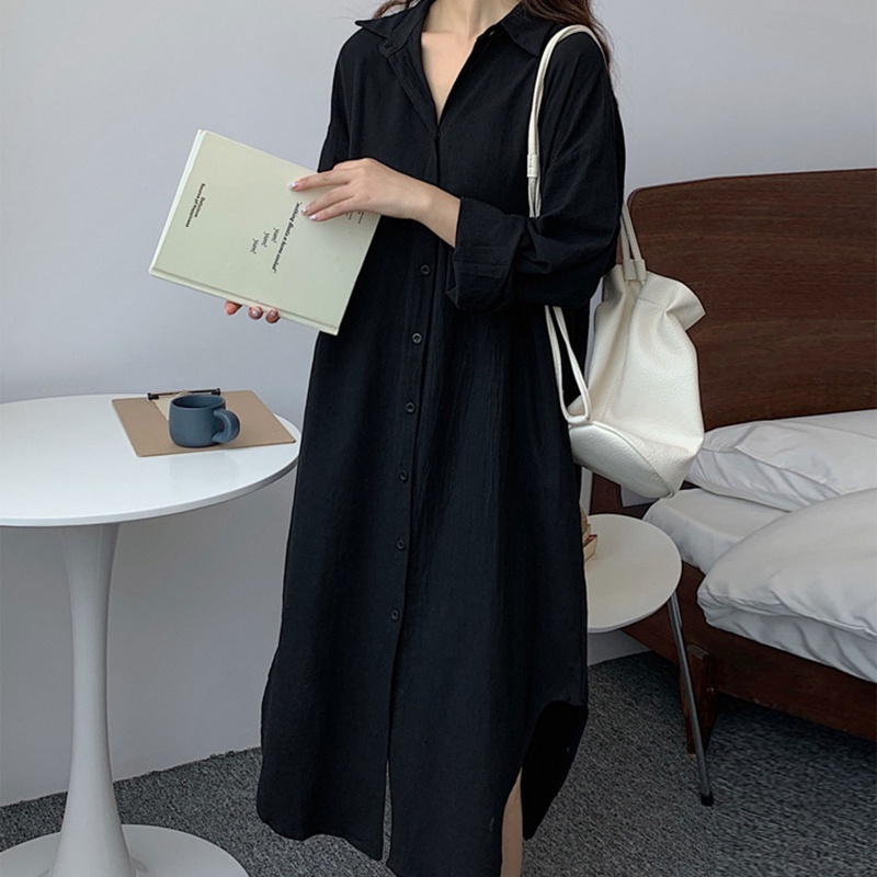 Brroa Đầm Sơ Mi Midi Tay Dài Cuộn Lên Trên Cổ Bẻ Cài Nút Xuống Xẻ Tà Bên Hông Đơn Giản Cho Nữ