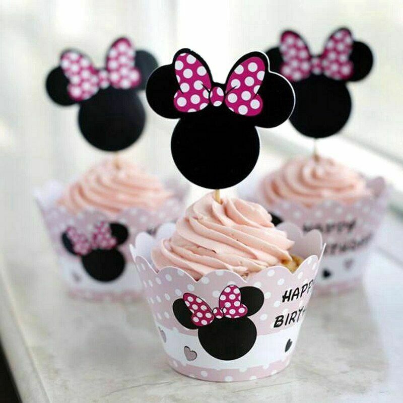 24pcs Cartoon Mickey Minnie Mouse Cupcake Wrappers Toppers pick Kids Cake cups