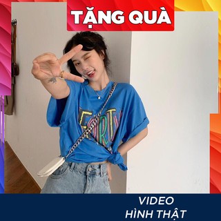 Áo thun tay lỡ freesize nữ - phông form rộng Unisex, mặc lớp, nhóm, cặp in chữ EORTY màu xanh dương