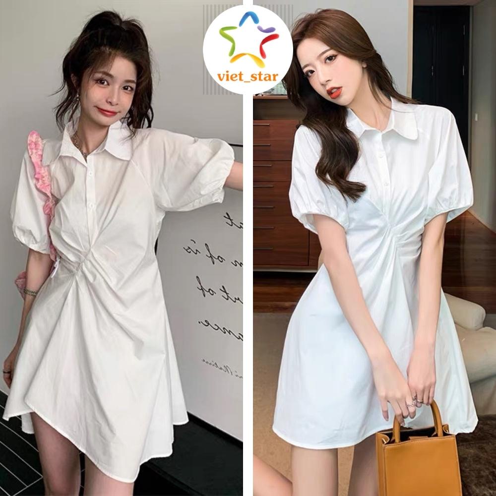 Váy Sơ Mi Trắng Rúm Eo Đầm Suông Babydoll Cộc Tay Cổ Bẻ Vintage Ulzzang Hàn Quốc Chất Thô Dễ Thương