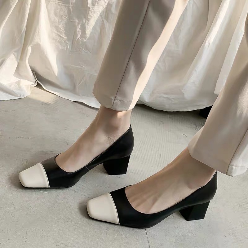 Giày cao gót công sở gót vuông 5 phân da lì phối màu cực sang- Có size lớn cho chân ngoại cỡ