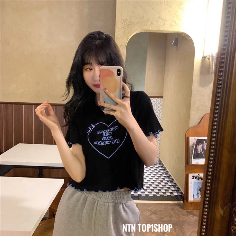 Áo in trái tim Croptop cuốn biên tay và lai (al)