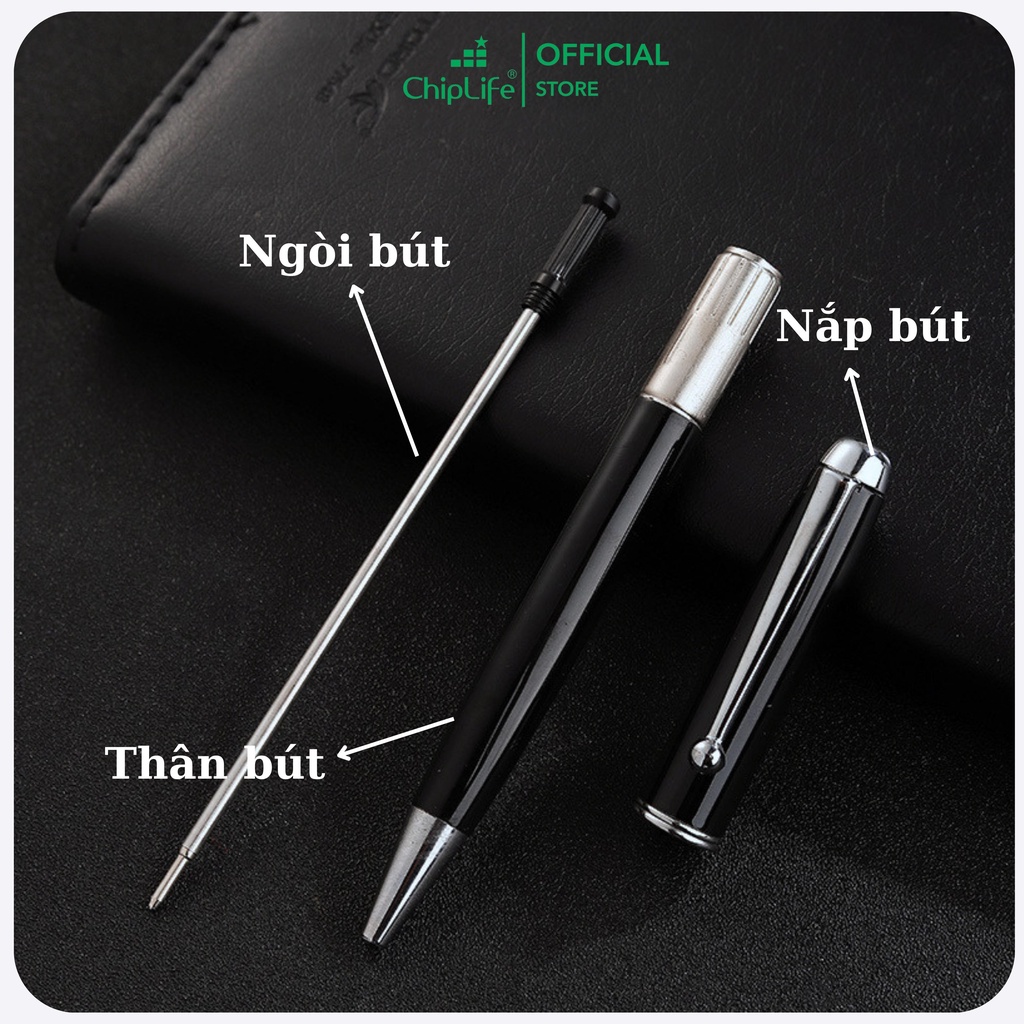 Bút ký doanh nhân cao cấp cài bi CHIPLFE PX012 khắc tên - Đen viền bạc ngòi 0.7mm mực xanh