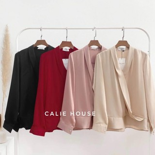 Áo sơ mi lụa cổ V nẹp dài tay - áo sơ mi công sở