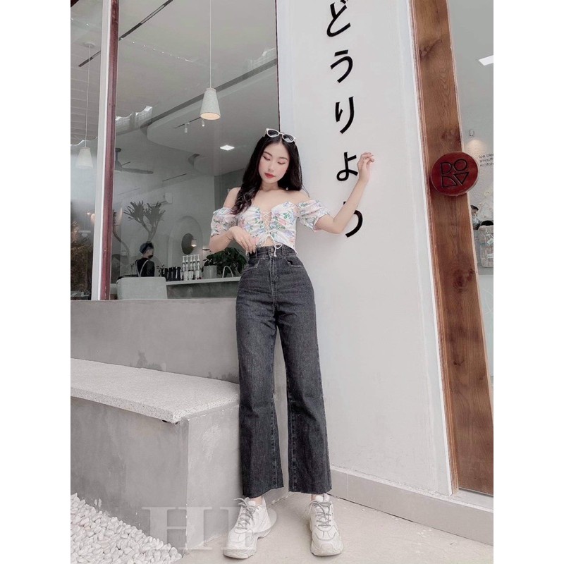 Quần bò ống rộng rua màu ghi