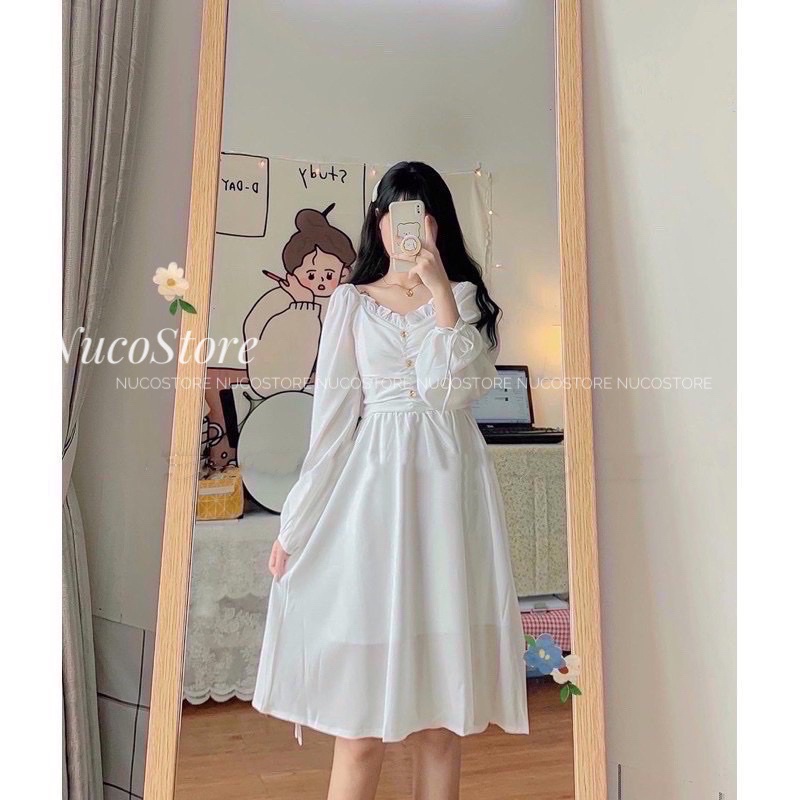 Đầm midi trắng nhún ngực cúc ngọc tay bồng