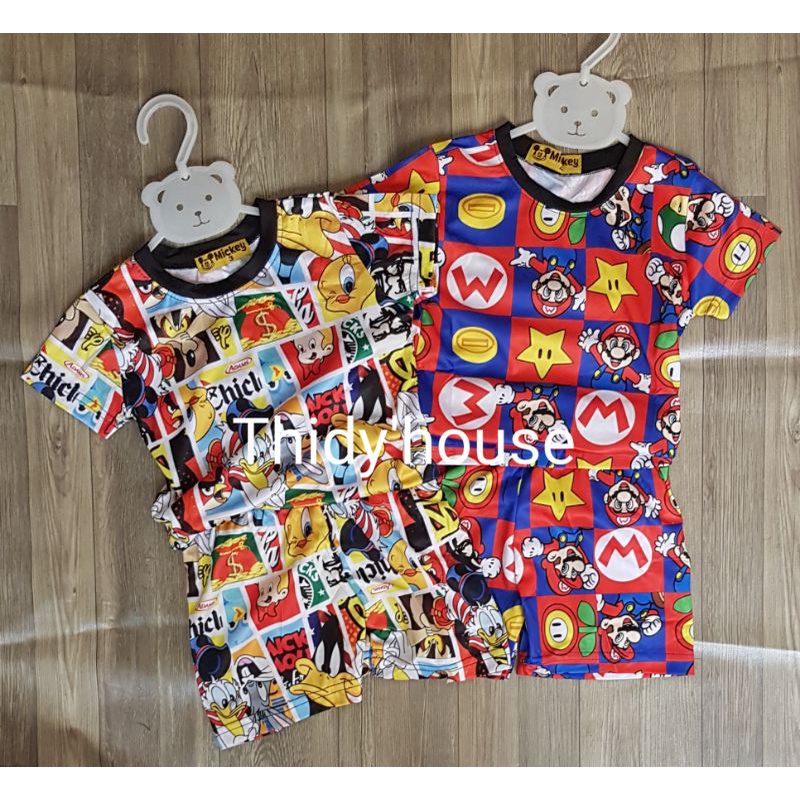 Bộ 3D cộc tay/tay ngắn quần lưng thun họa tiết Mario và Vịt con vui nhộn cho bé trai/bé gái 7-20kg mặc nhà/học, ảnh thật