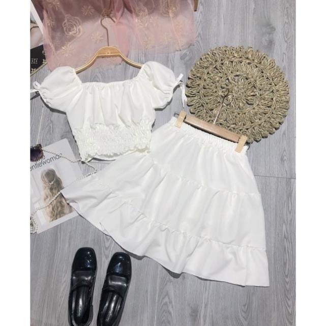 Sét Váy Áo Cổ Vuông Hoặc Trễ Vai Croptop + Chân Váy Xoè Màu Trắng ( Ảnh Thật ) | BigBuy360 - bigbuy360.vn
