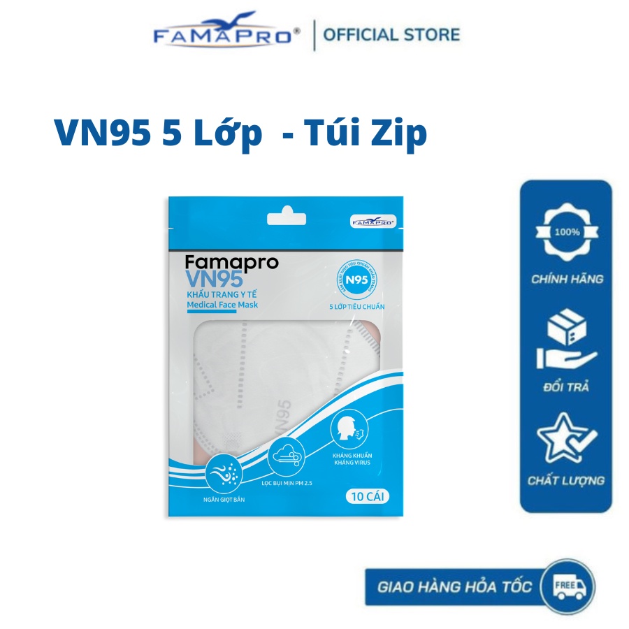 [VN95 5 LƠP TÚI 10 CÁI Xanh] Khẩu trang y tế kháng khuẩn 5 lớp Famapro VN95