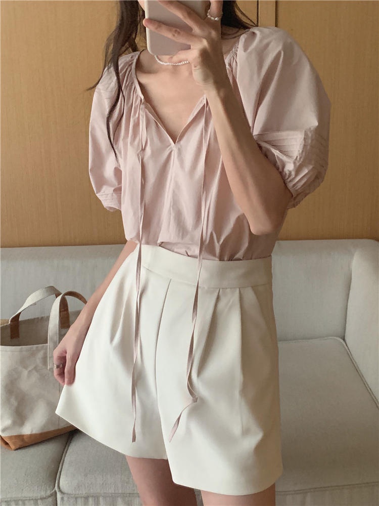 Áo Sơ Mi Tay Ngắn Cột Dây Màu Trắng Trơn Thoải Mái Thời Trang Mùa Hè 50916