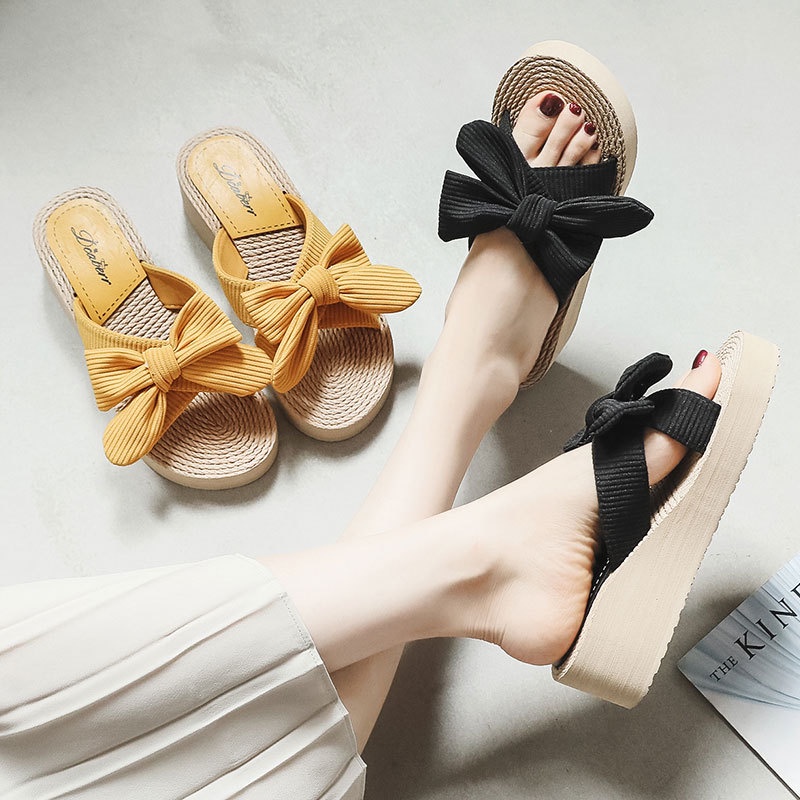 Dép Cói Đế Xuồng Đính Nơ Thời Trang Đi Biển Mùa Hè Cho Nữ