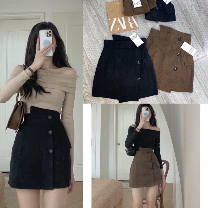 Chân Váy Nữ Chất Nhung Tăm Vạt Chéo Phối Cúc Sang Chảnh