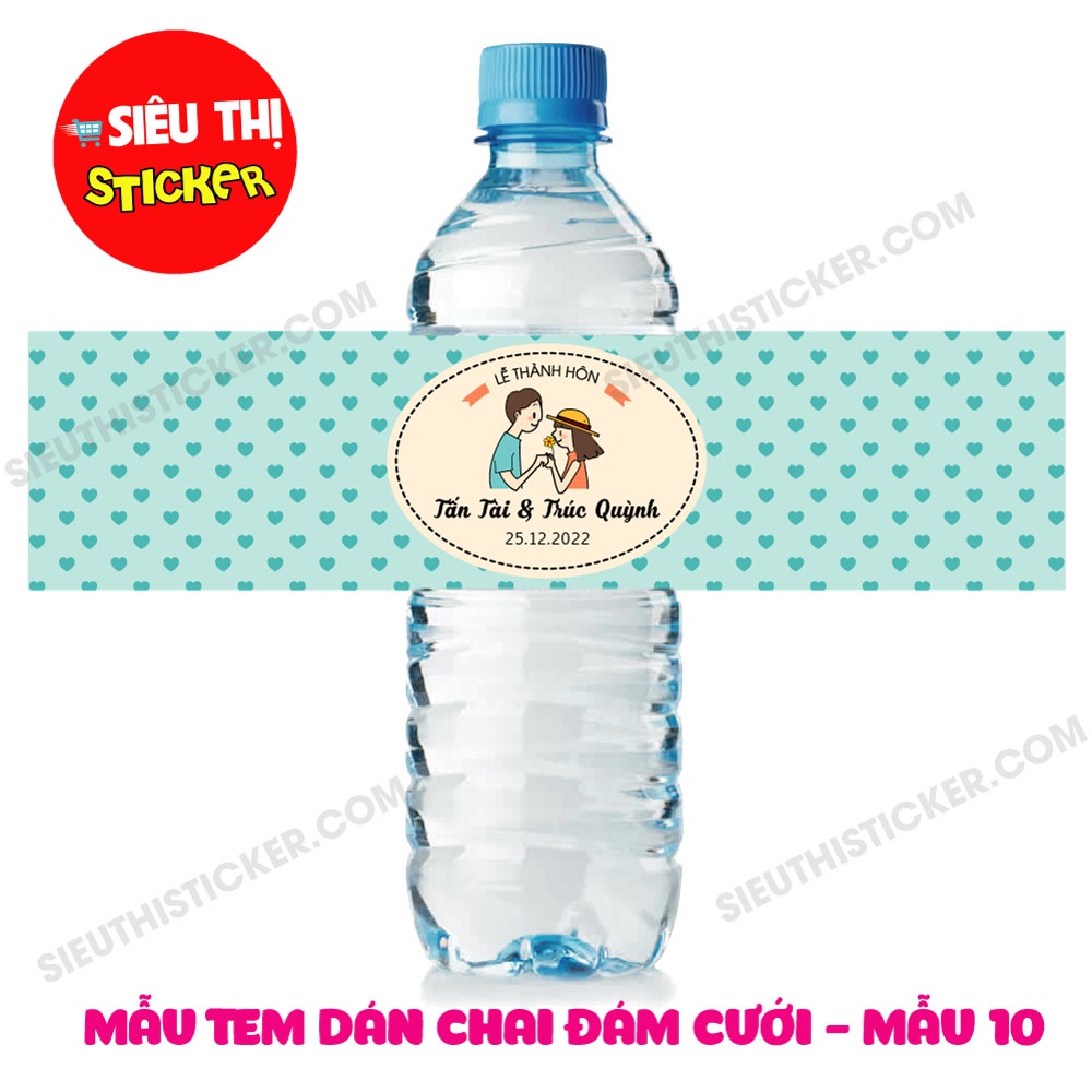 Combo 10 Tem nhãn dán chai nước suối đám cưới