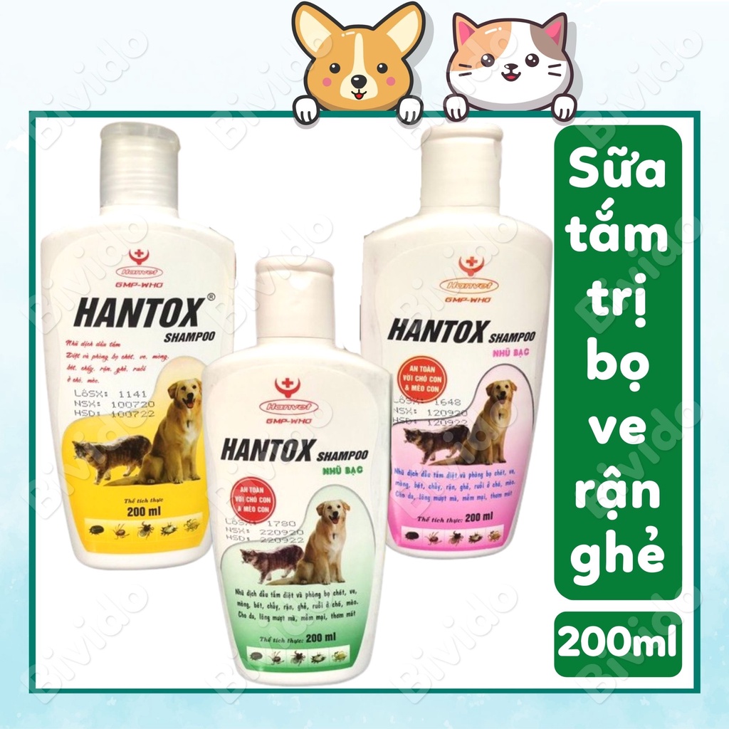 Sữa tắm chó mèo Hantox Shampoo diệt ve rận bọ chét ghẻ ngứa 200ml - Bivido