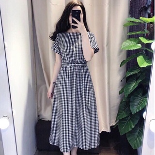 Đầm váy caro form dài kèm belt