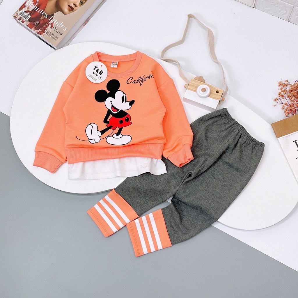 Đồ bộ bé gái thu đông  Set áo nỉ da cá dài tay, cổ tròn, họa tiết chuột mickey và quần legging cho bé từ 8 đến 20 kg