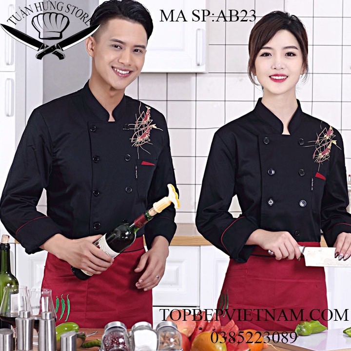 áo bếp,đồng phục bếp dày tay in hình tôm