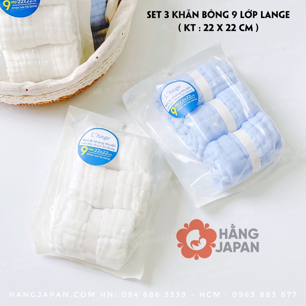 Sét 3 khăn sữa vải bông L'ANGE 9 lớp 22x22cm