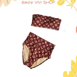 Đồ bơi đi biển, bikini 2 mảnh cúp ngang quần cạp cao nâu