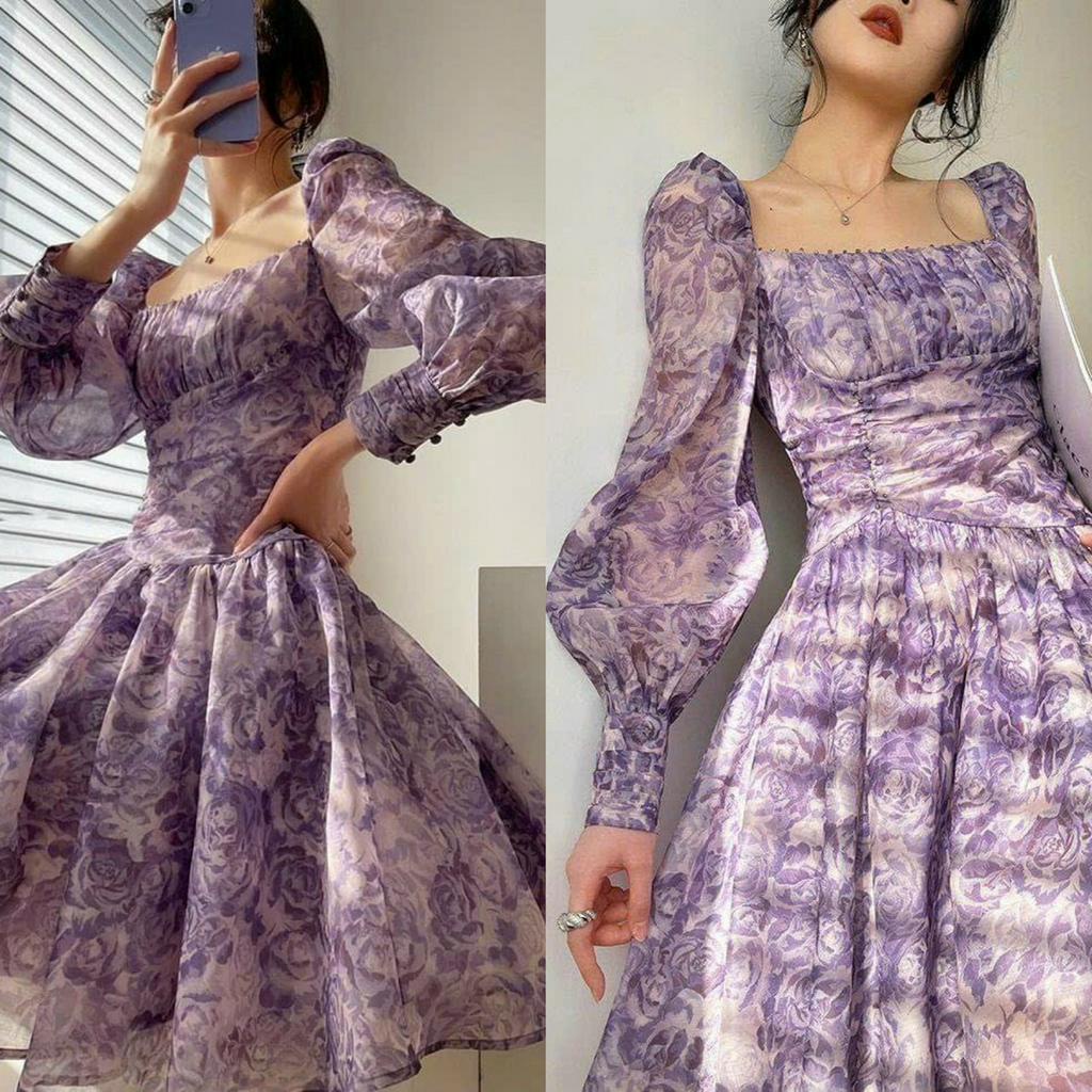 Đầm Xòe Cổ Vuông Xếp Ly Ngực Tay Dài Họa Tiết Sam Closet Phù Hợp Để Tới Công Sở, Đi Làm Hoặc Đi Chơi.