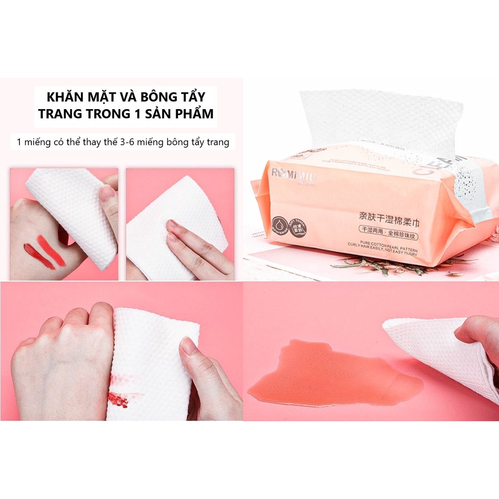 Khăn Lau Mặt Khô, Khăn Tẩy Trang Cotton ROMIMIU 80 miếng dùng 1 lần tự nhiên, an toàn cho da (RM22)